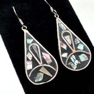 Vintage Alpaca Teardrop Abalone Inlay Dangle Earrings